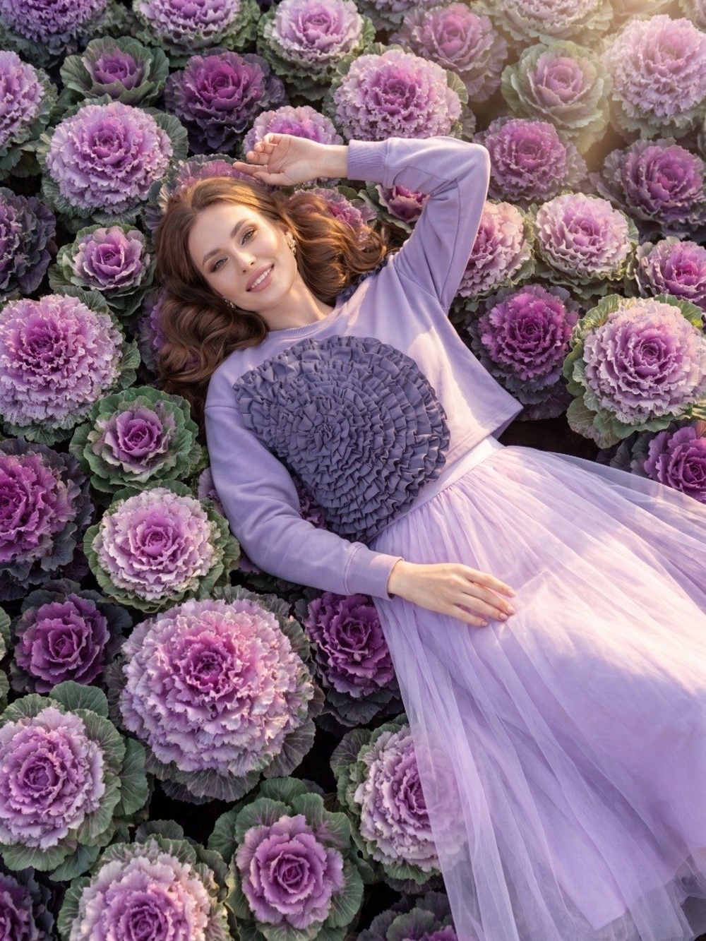 Lilac Cropped Sweatshirt with Blue Ruffle Accent